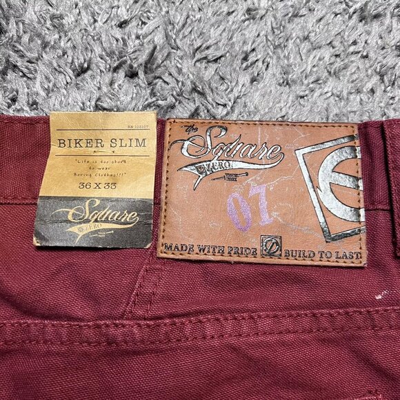 Square Zero Jeans Mens 36x33 Red Denim Distressed Biker Slim Paint Zipper Logo - Picture 9 of 16
